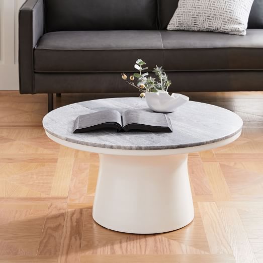 Marble-Topped Pedestal Coffee Table - Gray Marble/White ...