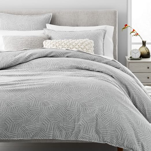 Organic Flannel Tossed Lines Duvet Cover Shams Light Gray