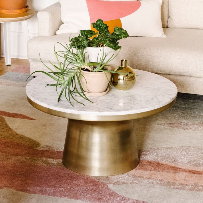 Marble-Topped Pedestal Coffee Table - White Marble/Antique Brass | West Elm